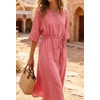 image:imageCHARTOU Womens Summer Linen Midi Dress 34 Sleeves Drawstring Waist Loose Fit Beach Dress with PocketsPink