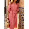 image:imageCHARTOU Womens Summer Linen Midi Dress 34 Sleeves Drawstring Waist Loose Fit Beach Dress with PocketsPink