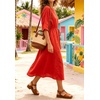 image:imageCHARTOU Womens Summer Linen Midi Dress 34 Sleeves Drawstring Waist Loose Fit Beach Dress with PocketsRed