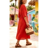 image:imageCHARTOU Womens Summer Linen Midi Dress 34 Sleeves Drawstring Waist Loose Fit Beach Dress with PocketsRed
