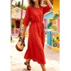 image:imageCHARTOU Womens Summer Linen Midi Dress 34 Sleeves Drawstring Waist Loose Fit Beach Dress with PocketsRed