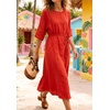 image:imageCHARTOU Womens Summer Linen Midi Dress 34 Sleeves Drawstring Waist Loose Fit Beach Dress with PocketsRed