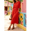 image:imageCHARTOU Womens Summer Linen Midi Dress 34 Sleeves Drawstring Waist Loose Fit Beach Dress with PocketsRed