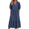 image:imageCHARTOU Denim Dress for Women Puff Short Sleeve Summer Casual Loose V Neck Tiered Babydoll Midi Jean Dress with PocketsDark Blue