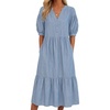 image:imageCHARTOU Denim Dress for Women Puff Short Sleeve Summer Casual Loose V Neck Tiered Babydoll Midi Jean Dress with PocketsLight Blue