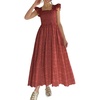 image:imageCHARTOU Women Eyelet Lace Long Dress Summer Smocked Ruffle Flutter Sleeve Boho Floral Long Flowy Party DressRed