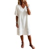 image:imageCHARTOU Women Summer Cotton Linen Midi Dress V Neck Short Sleeve Frayed Shift Dress with PocketsWhite
