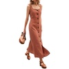 image:imageCHARTOU Womens Linen Midi Dress Sleeveless Square Neck Button Down Casual Summer A Line Long Dresses for Beach VacationCoral