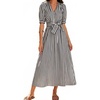 image:imageCHARTOU Womens Striped Cotton Midi Dress V Neck Puff Sleeve Belted ALine Casual Summer Dress with PocketsBlack