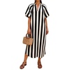 image:imageCHARTOU Womens Striped Midi Dress Puff Sleeve V Neck Casual Loose Tunic Summer Beach Dress with PocketsBlack