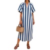 image:imageCHARTOU Womens Striped Midi Dress Puff Sleeve V Neck Casual Loose Tunic Summer Beach Dress with PocketsBlue
