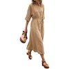 image:imageCHARTOU Womens Summer Linen Midi Dress 34 Sleeves Drawstring Waist Loose Fit Beach Dress with PocketsKhaki