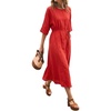 image:imageCHARTOU Womens Summer Linen Midi Dress 34 Sleeves Drawstring Waist Loose Fit Beach Dress with PocketsRed