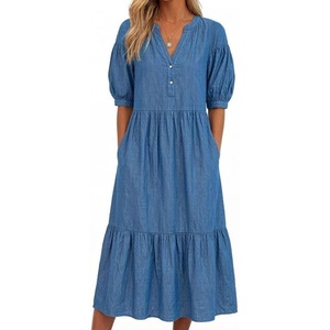 image:imageCHARTOU Denim Dress for Women Puff Short Sleeve Summer Casual Loose V Neck Tiered Babydoll Midi Jean Dress with PocketsBlue