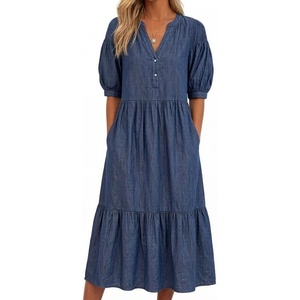 image:imageCHARTOU Denim Dress for Women Puff Short Sleeve Summer Casual Loose V Neck Tiered Babydoll Midi Jean Dress with PocketsDark Blue