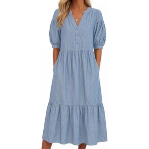 image:imageCHARTOU Denim Dress for Women Puff Short Sleeve Summer Casual Loose V Neck Tiered Babydoll Midi Jean Dress with PocketsLight Blue