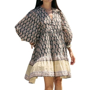 image:imageCHARTOU Women Boho Floral Mini Dress Summer Puff Sleeve Button Up Tiered Ruffle Babydoll Short DressBlack