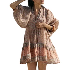 image:imageCHARTOU Women Boho Floral Mini Dress Summer Puff Sleeve Button Up Tiered Ruffle Babydoll Short DressPink