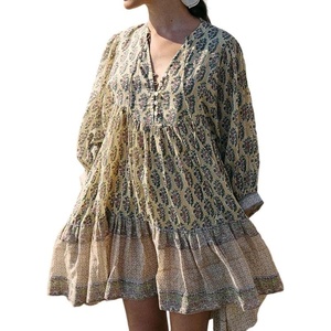 image:imageCHARTOU Women Boho Floral Mini Dress Summer Puff Sleeve Button Up Tiered Ruffle Babydoll Short DressYellow