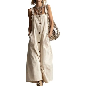 image:imageCHARTOU Women Button Front Overall Dress Bib Summer Loose A Line Midi Dress with PocketsApricot