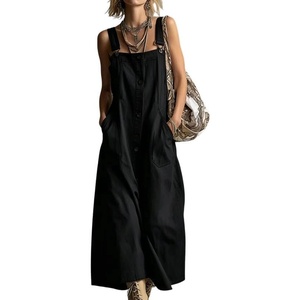 image:imageCHARTOU Women Button Front Overall Dress Bib Summer Loose A Line Midi Dress with PocketsBlack
