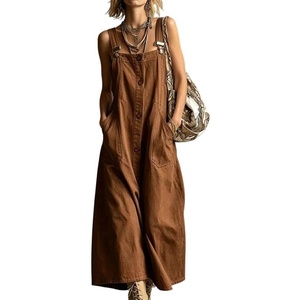 image:imageCHARTOU Women Button Front Overall Dress Bib Summer Loose A Line Midi Dress with PocketsBrown