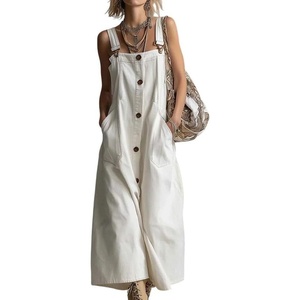 image:imageCHARTOU Women Button Front Overall Dress Bib Summer Loose A Line Midi Dress with PocketsWhite