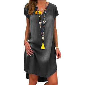 image:imageCHARTOU Women Casual Short Sleeve Denim Dress Summer Shift Dress Knee Length Tunic Dress Ruffle Back Midi DressBlack