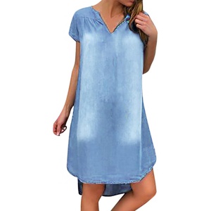 image:imageCHARTOU Women Casual Short Sleeve Denim Dress Summer Shift Dress Knee Length Tunic Dress Ruffle Back Midi DressLigtht Blue