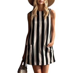image:imageCHARTOU Women Cotton Linen Shift Mini Dress Summer Sleeveless Striped Petite Dresses with PocketsBlack