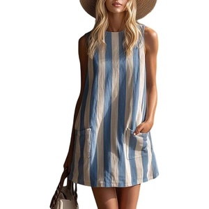 image:imageCHARTOU Women Cotton Linen Shift Mini Dress Summer Sleeveless Striped Petite Dresses with PocketsBlue