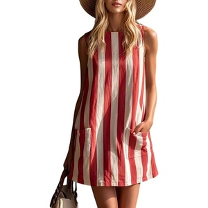 image:imageCHARTOU Women Cotton Linen Shift Mini Dress Summer Sleeveless Striped Petite Dresses with PocketsRed