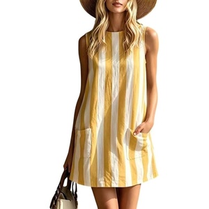 image:imageCHARTOU Women Cotton Linen Shift Mini Dress Summer Sleeveless Striped Petite Dresses with PocketsYellow