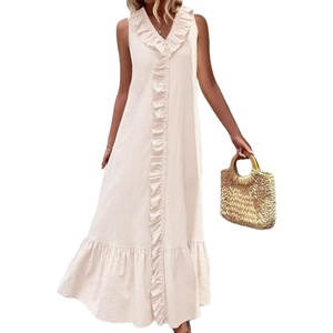 image:imageCHARTOU Women Cotton Ruffle Trim Maxi Dress Boho Flowy Sleeveless Beach Tiered Tank DressApricot