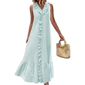 image:imageCHARTOU Women Cotton Ruffle Trim Maxi Dress Boho Flowy Sleeveless Beach Tiered Tank DressBlue Green