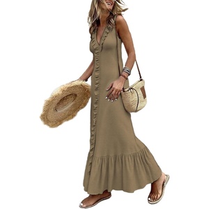 image:imageCHARTOU Women Cotton Ruffle Trim Maxi Dress Boho Flowy Sleeveless Beach Tiered Tank DressBrown