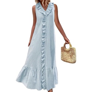image:imageCHARTOU Women Cotton Ruffle Trim Maxi Dress Boho Flowy Sleeveless Beach Tiered Tank DressLight Blue