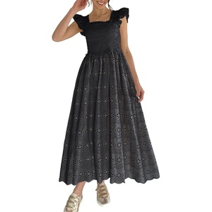 image:imageCHARTOU Women Eyelet Lace Long Dress Summer Smocked Ruffle Flutter Sleeve Boho Floral Long Flowy Party DressBlack