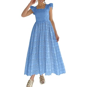 image:imageCHARTOU Women Eyelet Lace Long Dress Summer Smocked Ruffle Flutter Sleeve Boho Floral Long Flowy Party DressBlue