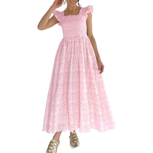 image:imageCHARTOU Women Eyelet Lace Long Dress Summer Smocked Ruffle Flutter Sleeve Boho Floral Long Flowy Party DressPink