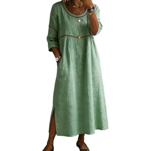 image:imageCHARTOU Women Loose Cotton Linen Shift Tunic Dress Summer Casual 34 Sleeve Eyelet Midi Dress with PocketsGreen