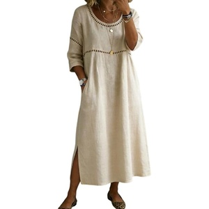 image:imageCHARTOU Women Loose Cotton Linen Shift Tunic Dress Summer Casual 34 Sleeve Eyelet Midi Dress with PocketsKhaki