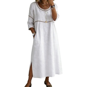 image:imageCHARTOU Women Loose Cotton Linen Shift Tunic Dress Summer Casual 34 Sleeve Eyelet Midi Dress with PocketsWhite