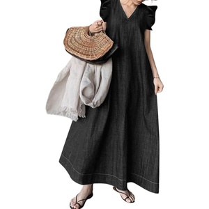 image:imageCHARTOU Women Maxi Denim Dress Loose Fit Flutter Sleever Tank Jean DressBlack