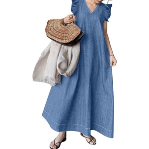 image:imageCHARTOU Women Maxi Denim Dress Loose Fit Flutter Sleever Tank Jean DressLight Blue