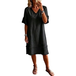 image:imageCHARTOU Women Summer Cotton Linen Midi Dress V Neck Short Sleeve Frayed Shift Dress with PocketsBlack