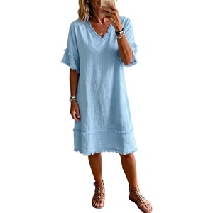 image:imageCHARTOU Women Summer Cotton Linen Midi Dress V Neck Short Sleeve Frayed Shift Dress with PocketsBlue
