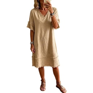 image:imageCHARTOU Women Summer Cotton Linen Midi Dress V Neck Short Sleeve Frayed Shift Dress with PocketsKhaki