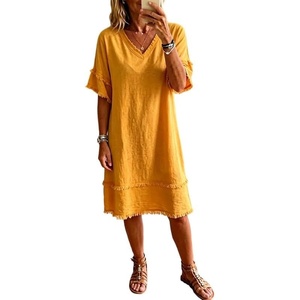 image:imageCHARTOU Women Summer Cotton Linen Midi Dress V Neck Short Sleeve Frayed Shift Dress with PocketsOrange