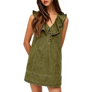 image:imageCHARTOU Women Summer Denim Mini Dress Casual Loose Ruffle Collar Sleeveless Buttons Shift Jean DressArmy Green